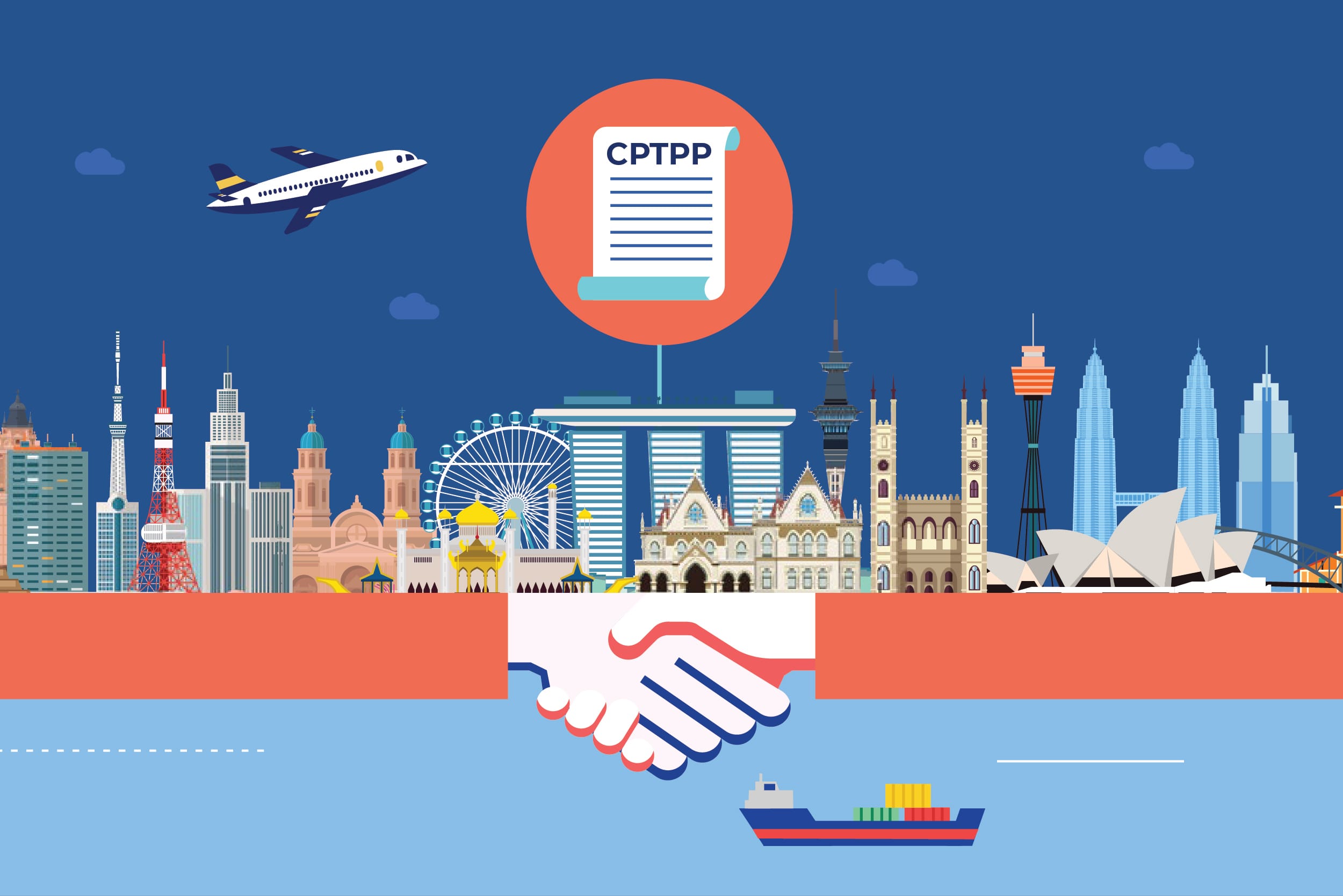 CPTPP banner showing ships, a plane, and port cranes with trade agreement text in centre.